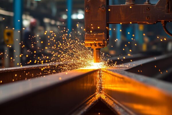 cutting steel in a manufacturing facility with sparks flying during the evening shift in an industrial setting photo